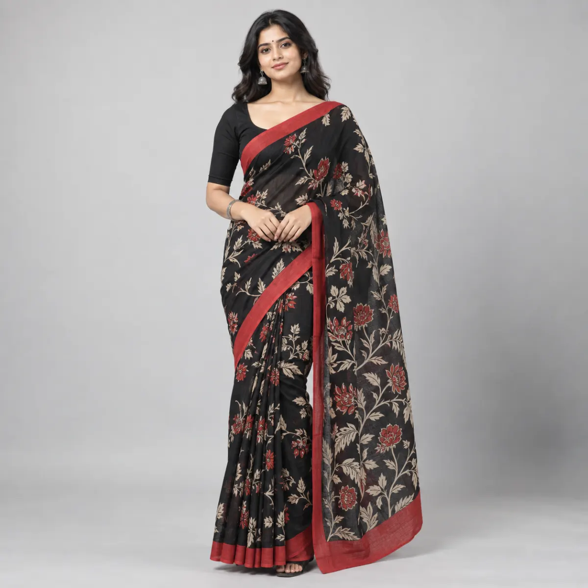 Black Floral Cotton Saree